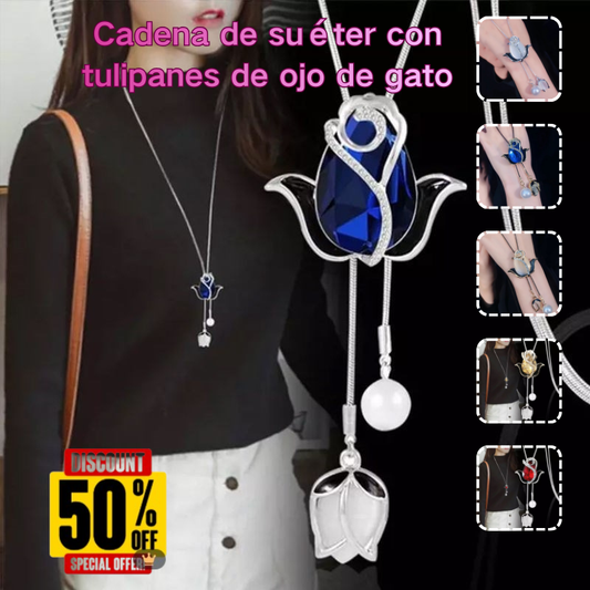 💝【Artículo de gran venta】✨Collar largo de tulipán con ojo de gato, cadena para suéter, accesorios de ropa